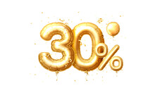 30 Off Balloons, Discount Sale, Balloon In The Form Of A Digit, Golden Confetti. Vector