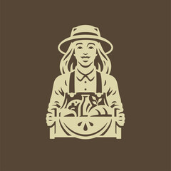 Wall Mural - Woman farmer with crate full of farm organic food and drink agriculture fresh product icon vector