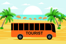 Yellow Bus. Tourist Bus With Beach And Sunrise In The Background. Beautiful Beach