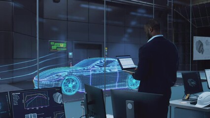 Wall Mural - Engineering Agency Perform Aerodynamic Testing with a Modern Eco-Friendly Electric Sports Car Render in a Wind Tunnel. African American Researcher Works on a Tablet and Changes Testing Options.
