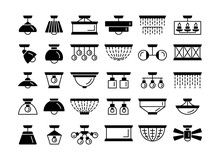 Ceiling Lamps. Flush Mount Lights. Modern And Traditional Led Fixtures. Flat Silhouette Icon Set. Signs For Lighting And Electric Stores