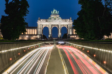 Parc Du Cinquantenaire And Arc De Triomphe Of Brussels Capital Of Belgium - Night Shot Long Exposure To Trails