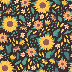 Cute vector seamless pattern with sunflowers, seeds and leaves on dark background. Beautiful floral design for fabric and print materials. Yellow, brown and green concept for texture background