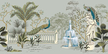 Park Vintage Italian Landscape, Gallery, Peacock, Statue, Fountain, Palm Trees Floral Seamless Border Grey Background. Garden Botanical Mural.