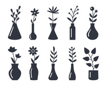 Vase Flowers Silhouette Icons. Vector Set Editable Stroke. Decorative Glass Flowerpots And Vases Interior Design Elements. Florist Garden Symbol. Stock Illustration Isolated On White Background
