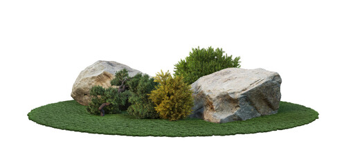 3d render bonsai and decorative stone with white background
