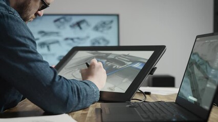 Industrial design studio with graphic tablet and computers. A senior designer draws a new car concept on a tablet.