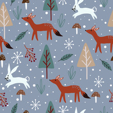 Seamless Christmas Pattern With Christmas Tree, Rabbit, Fox, Mushroom, Grass, Berries And Snow On Blue Background, Used For Wallpaper, Fabrics And Prints.