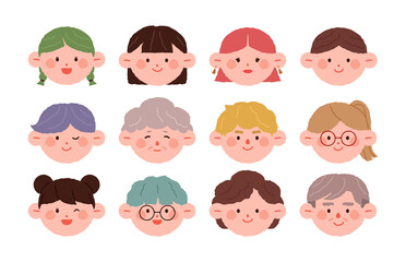 Wall Mural - Hand drawn various cute character faces icons. Face flat vector illustration collection.