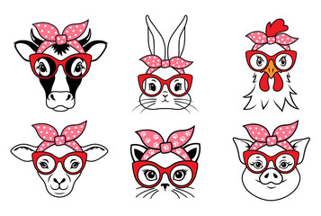Wall Mural - Funny farm animals with bandana and glasses. Cute animal face. Country symbols or emblem