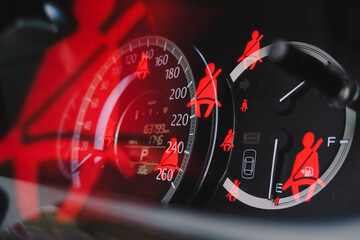 Wall Mural - Seat belt signal on car dashboard with a seat belt illuminated icon double exposure on background