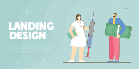 Wall Mural - Person paying for dose of vaccine to doctor. Woman holding syringe, man with money flat vector illustration. Vaccination price, pharmacy concept for banner, website design or landing web page