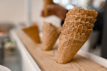 Wall Mural - empty waffle cups in a restaurant before serving ice cream.