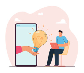 Wall Mural - Hand coming out of big phone giving lightbulb to man with laptop. Person getting idea from friend or internet flat vector illustration. Creativity, inspiration, start-up, communication concept