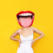 © Марина Демешко - A young woman in a white elegant dress headed by huge mouth with red lips showing tongue isolated on color yellow background. Trendy collage in magazine style. Contemporary art. Modern design