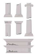 Wall Mural - Broken stone columns vector illustrations set. Historic monument, pillars of ancient ruins, old damaged Roman or Greek building isolated on white background. History, architecture, damage concept