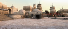 Panoramic 3D Rendering Of A Fantasy Sci-fi Outpost On A Remote Alien Planet In The Outer Rim Of The Galaxy.