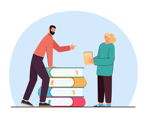 Wall Mural - Teacher or salesperson and female student holding book. Man and girl next to pile of huge books flat vector illustration. Education, knowledge, literature concept for banner or landing web page