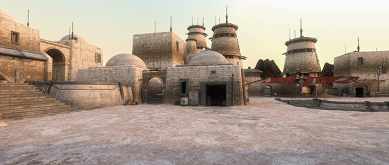 Wall Mural - panoramic 3d rendering of a fantasy sci-fi outpost on a remote alien planet in the outer rim of the 