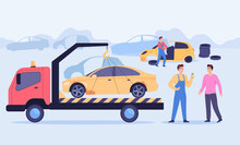Man At Dump With Old Salvage Or Scrap Cars. Worker Getting Money For Junk Automobile Removal, Tow Truck, Junkyard Flat Vector Illustration. Transport, Repair Service Concept For Banner, Website Design