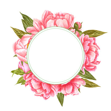 Handdrawn Watercolor pink and red peony flowers round frame with green leaves and buds on the white background. Scrapbook design, wedding invitation, label, banner, post card.