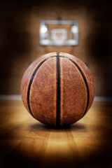 Basketball on Court with Hoops Rim Hardwood Floor Lights