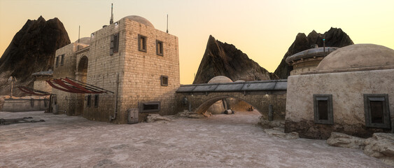 Wall Mural - wide cinematic 3d illustration of a fantasy science fiction settlement on a remote desert planet.