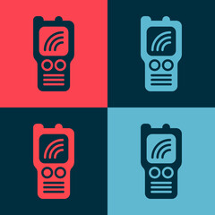 Sticker - Pop art Walkie talkie icon isolated on color background. Portable radio transmitter icon. Radio transceiver sign. Vector