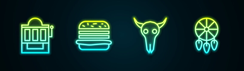 Sticker - Set line Slot machine, Burger, Buffalo skull and Dream catcher with feathers. Glowing neon icon. Vector