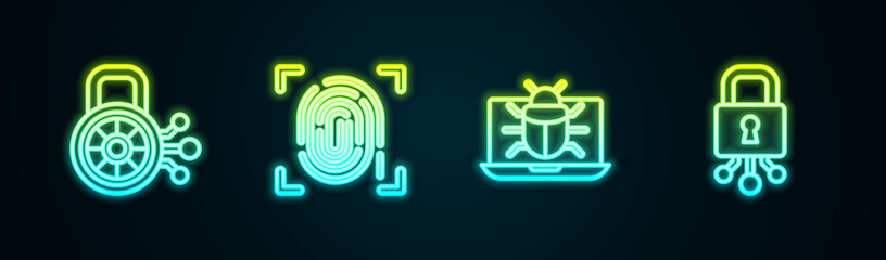 Poster - Set line Cyber security, Fingerprint, System bug on monitor and . Glowing neon icon. Vector