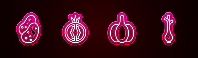 Set line Potato, Tomato, Garlic and Fresh green onions. Glowing neon icon. Vector