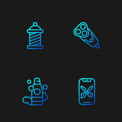 Sticker - Set line Barber online service or platform, Bottle of shampoo, shop pole and Electric razor blade. Gradient color icons. Vector