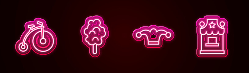 Sticker - Set line Vintage bicycle, Cotton candy, Jester hat with bells and Ticket box office. Glowing neon icon. Vector