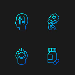 Sticker - Set line Sedative pills, Anger, Solution to the problem and Head with heart. Gradient color icons. Vector