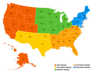 Geographic regions of the United States, political map. Five regions, according to their geographic position on the continent. Common but unofficial way of referring to regions of the United States.