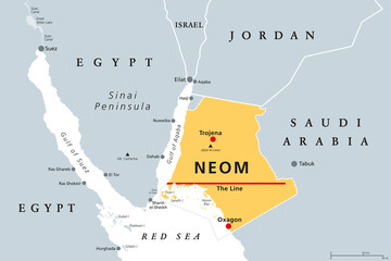 Neom, gray political map. Saudi megacity being built in the Tabuk Province of northwestern Saudi Arabia, North of the Red Sea and across Gulf of Aqaba. Planned as a smart city and tourist destination.