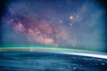 Wall Mural - landscape with milky way galaxy. earth and aurora view from space with milky way galaxy. (elements o