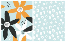 Simple Hand Drawn Irregular Floral And Wild Cat Skin Seamless Vector Pattern. Leopard Spots Print. White And Orange Flowers On A Light Blue Background. Infantile Style Abstract Garden Vector Print.