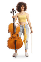 Wall Mural - Young female musician with a cello and a fiddlestick