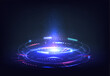 Futuristic sci-fi background. Blue circle portal with light flares and sparkles.