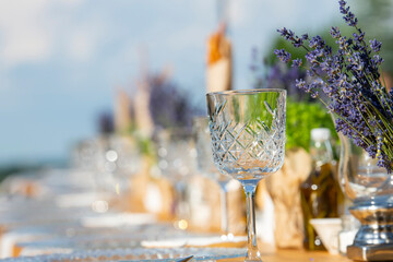 Canvas Print - Lavander flower table decorations for holidays and wedding dinner. Wedding table decoration in rustic style with lavander