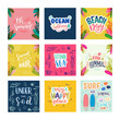 Set of square cards with hand lettering inscriptions about summer. Hand written summertime phrases Sand In My Hair, Beach Day, Under The Sea, Vitamin Sea, Ocean Is Calling, My Happy Place, Surf Day