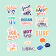 Set of hand lettering words and phrases for summer vacation on the beach. Vitamin Sea, Beach Day, Sand In My Hair, Surf Day, Ocean Is Calling hand drawn stickers.