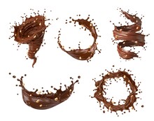 Chocolate, Cocoa And Coffee Milk Splashes, Tornado And Swirls With Crushed Peanut. Isolated Vector Dessert Flow Waves, Drink Stream With Nuts And Splatters. Realistic Brown Stream Splashing With Drops