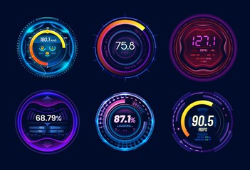 Aufkleber - Car speedometer gauges with neon light panel and dials, vector dashboard indicators on tachometer. Speed meter mph gauges in blue purple neon with loading bars, battery, fuel and velocity level scales