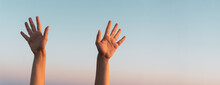 Woman Hands Showing Or Doing Number Ten Gesture On Blue Summer Sky Background. Counting Down, Ten Fingers Up Concept Idea. Large Copy Space For Text For Displays, Prints, Advertising Banners.