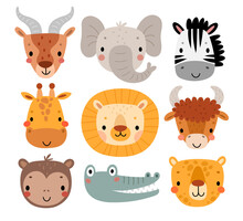 Cute Africa Animals - Elephant, Zebra, Lion, Monkey, Crocodile, Cheetah, Leopard, Yak, Antelope. Childish Characters For Your Design.