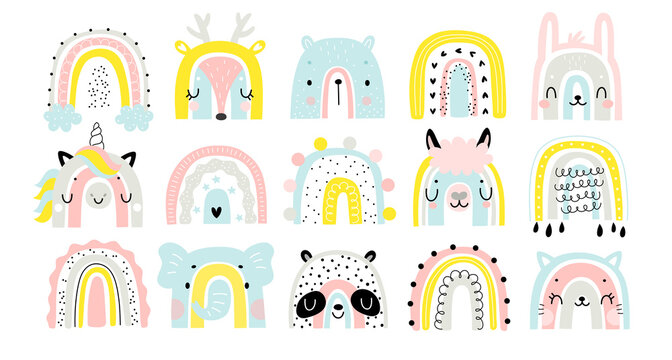 Fototapete - Cute rainbows with animal faces for your design, childish hand drawn elements. Nursery theme,