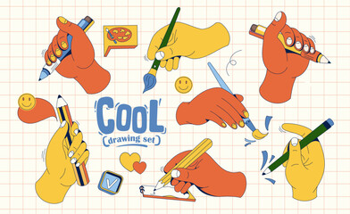 Vector set of illustration hands with objects. Set in the style of 90s, all elements are isolated. Flat hands hold a brush, pen, etc. Colorful image on a white background with pattern.