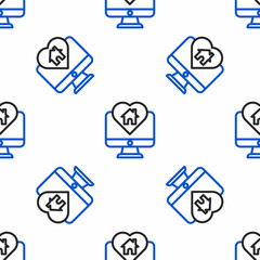 Sticker - Line Computer monitor with house in heart shape icon isolated seamless pattern on white background. Love home symbol. Family, real estate and realty. Colorful outline concept. Vector